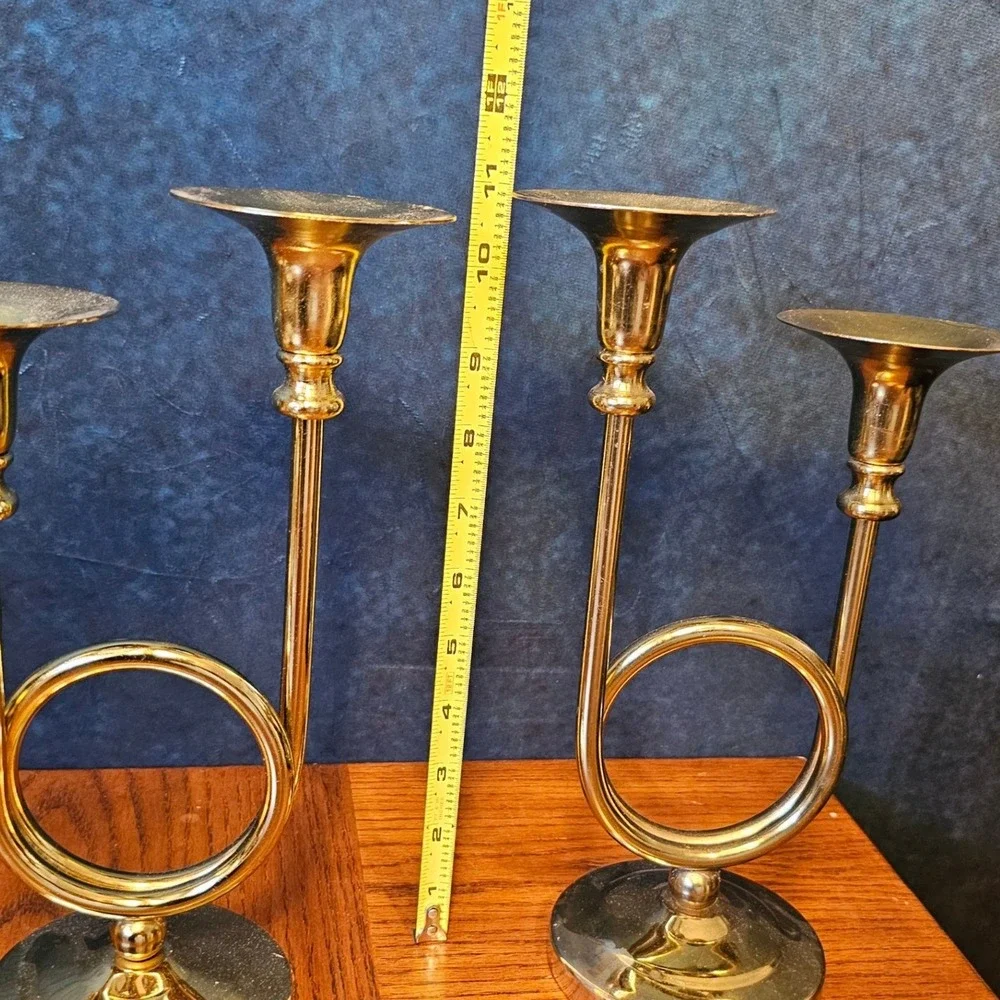 Vintage Brass French Horn Double Candle Holder Pair Gold Candelabra Music Decor